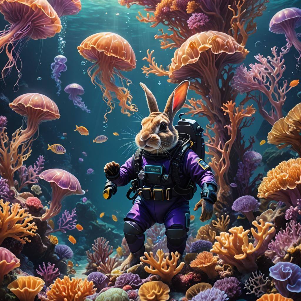Surreal Underwater Scene of a Diving Rabbit in Vibrant Color...