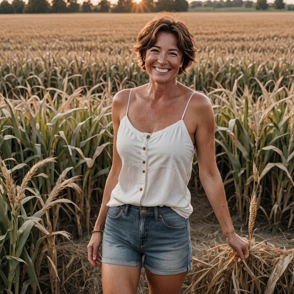 Brunette Woman Walking by Cornfields at Dusk