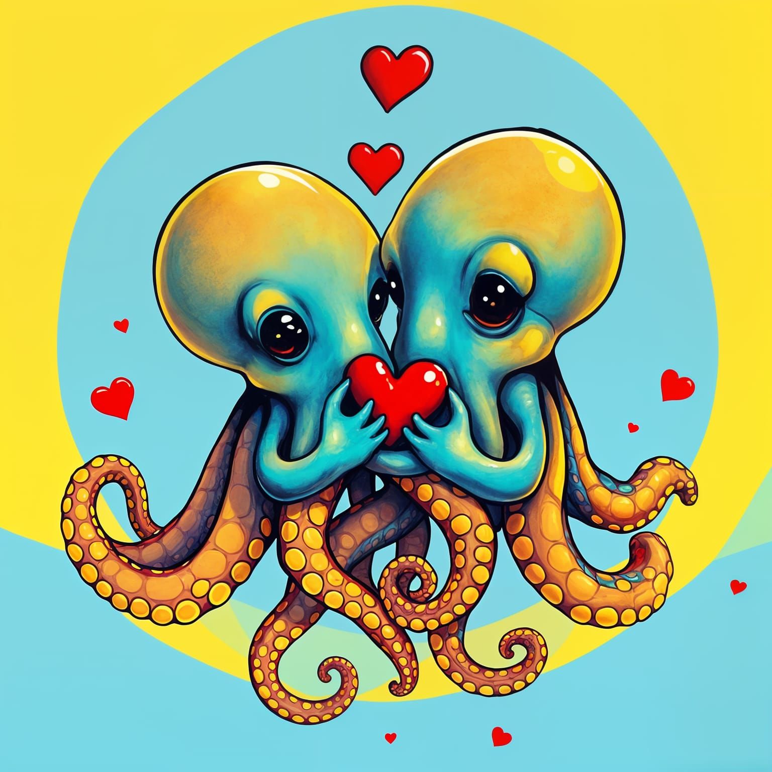 Whimsical Octopus Hug in Vibrant Triadic Colors