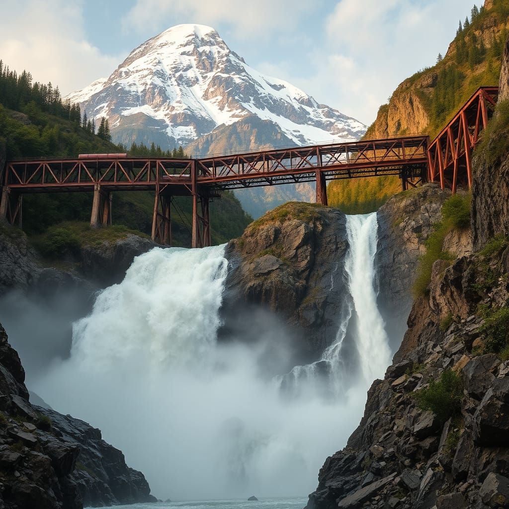 Majestic Waterfall with Train Bridge in Golden Hour