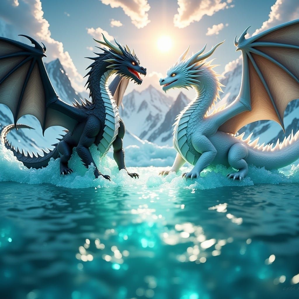 Dragons Soaring Over Turquoise Lake in Fantasy Style