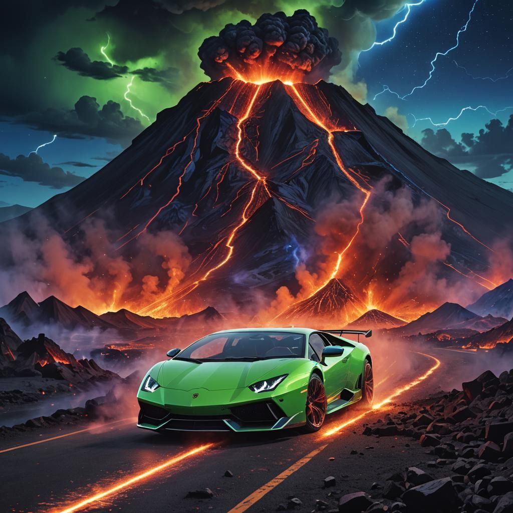Lamborghini racing away from an exploding volcano