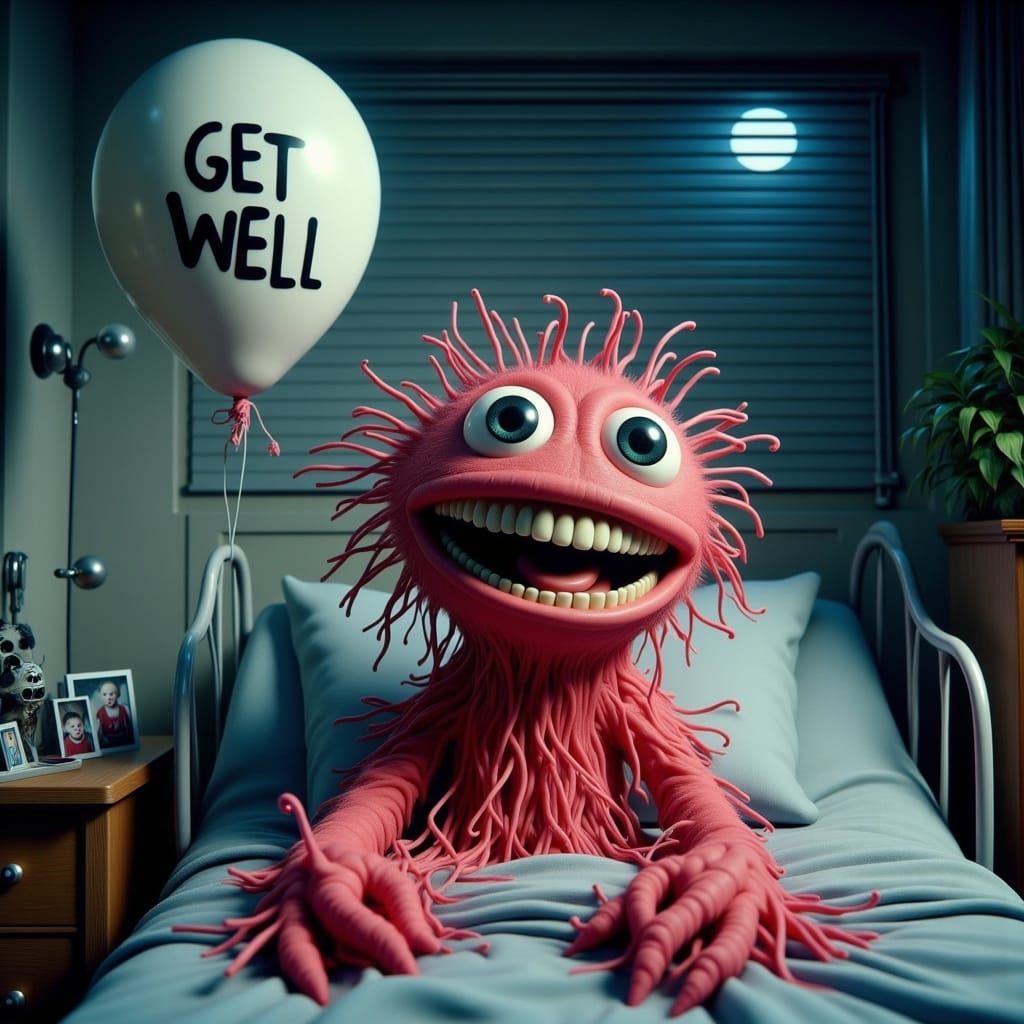 Surreal Muppet Creature in Hospital at Night