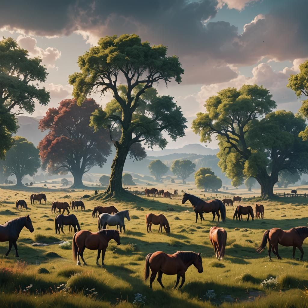 Grazing Horses in Empty Meadow: Fantasy Concept Art