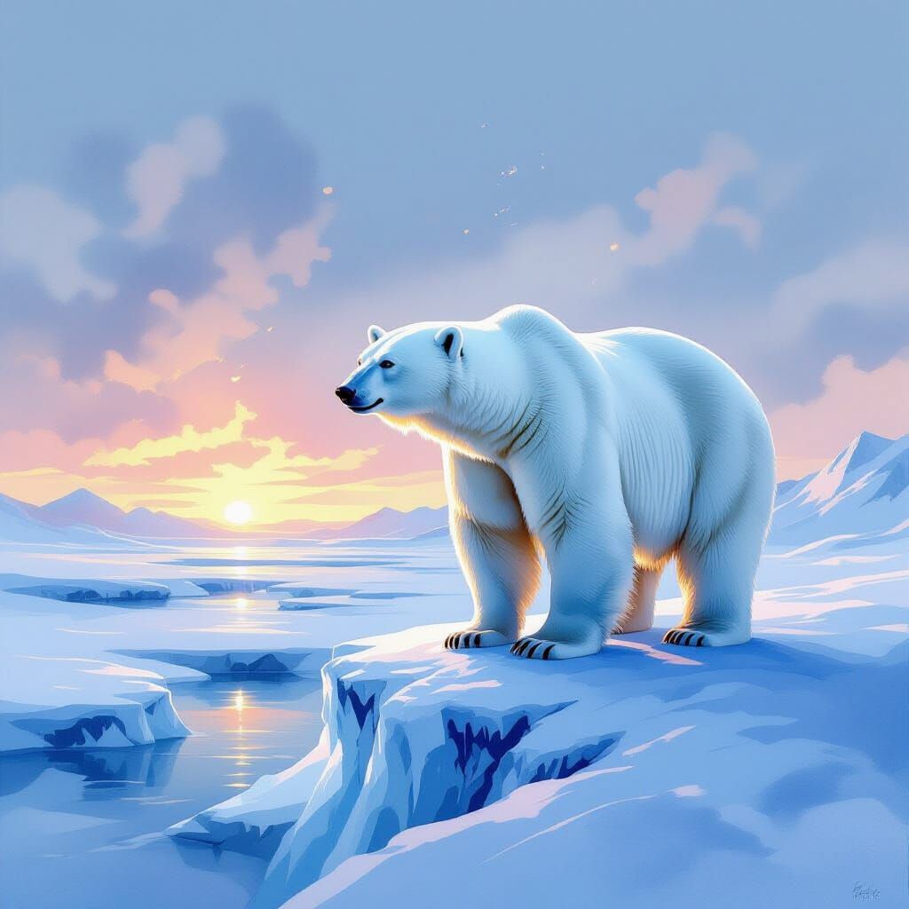 Polar Bear in Icy Landscape: Watercolour Painting