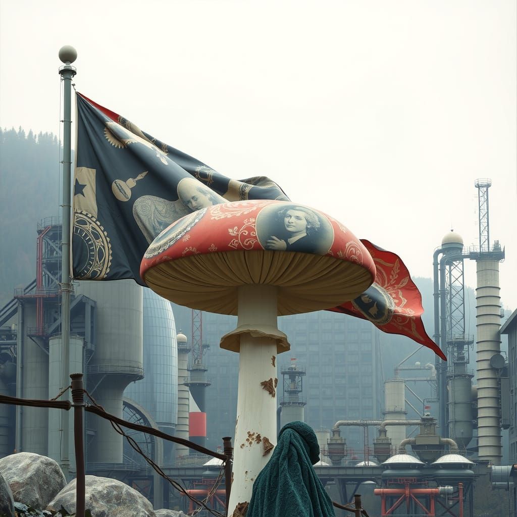 Surrealistic Hyperreal Mushroom Flag in Modernist Brutalist ...