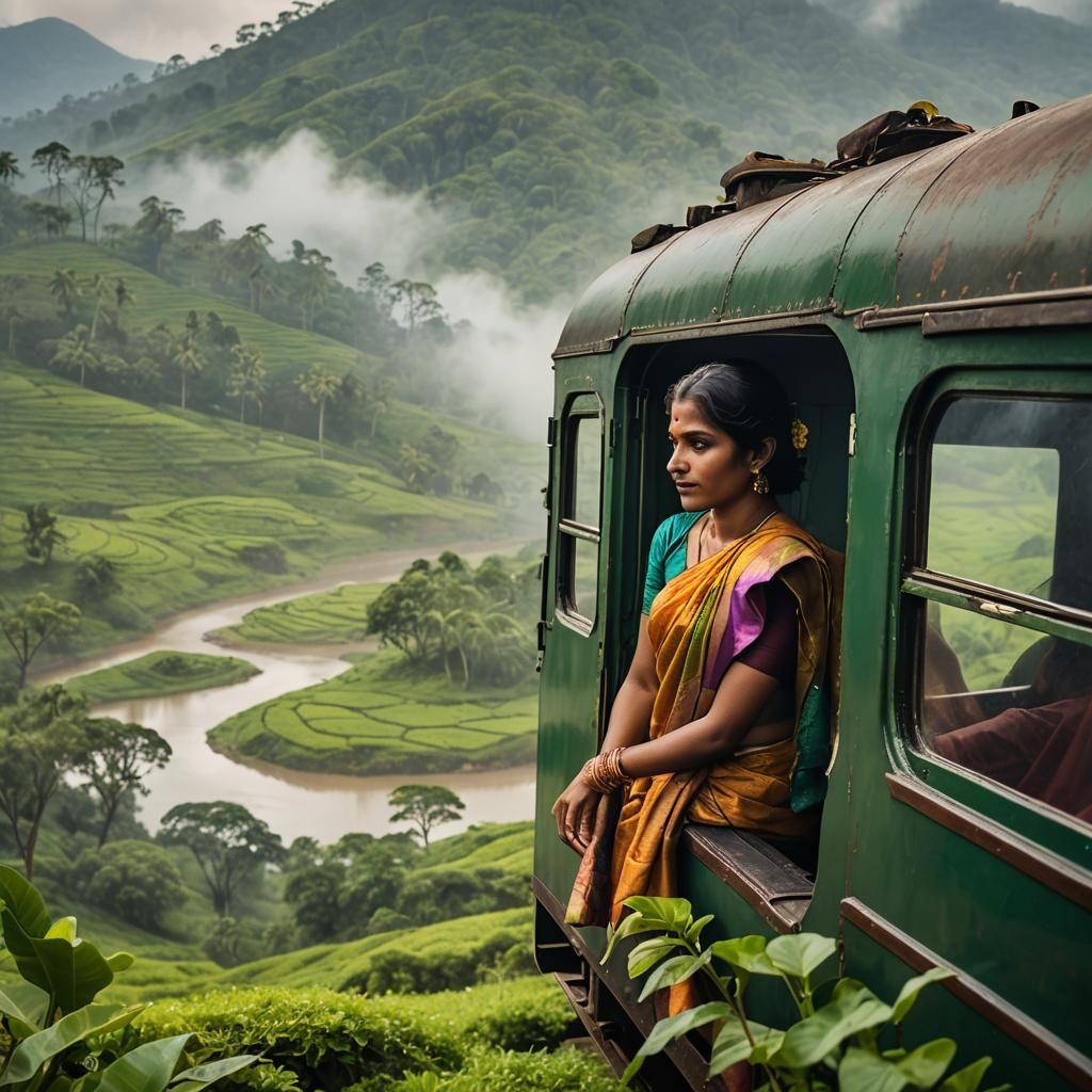Sri Lankan Woman in Train, Impressionistic Landscape