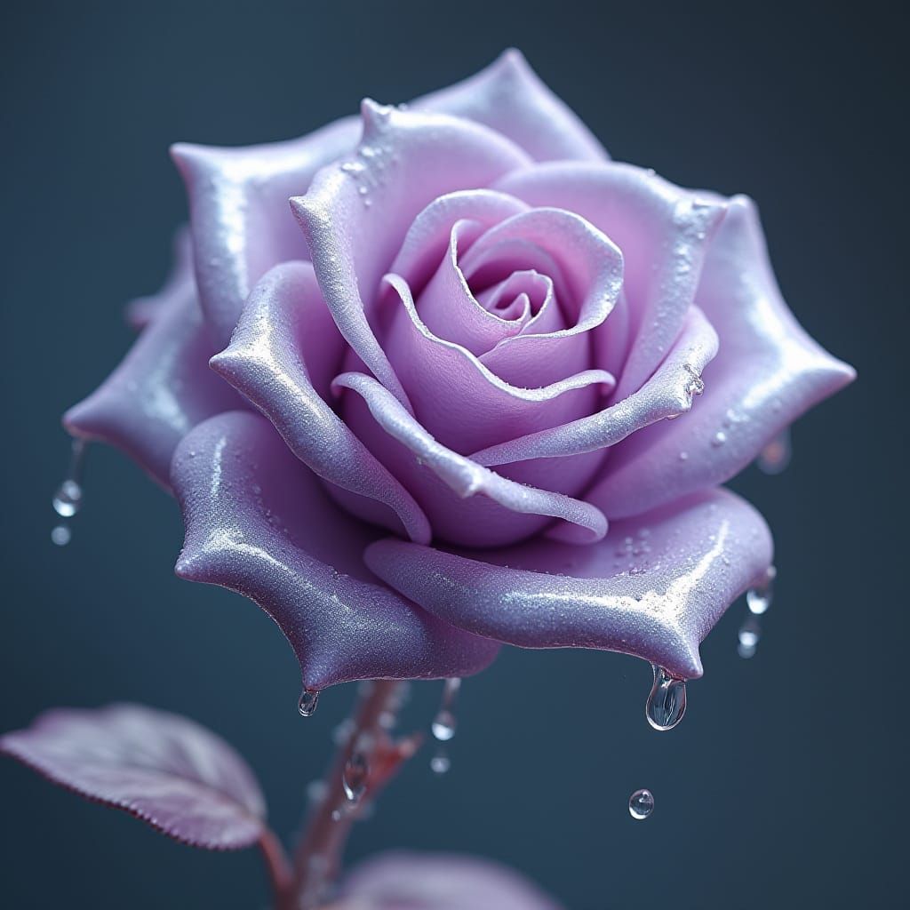 Lavender and Silver Glass Rose with Dripping Water