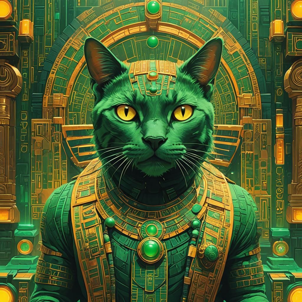 Cyberpunk Temple Interior with Glowing Cat Eye