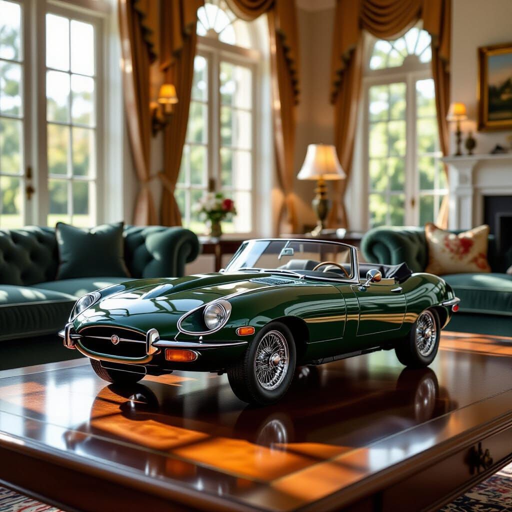 Detailed Jaguar E-Type Roadster Model in Luxury Living Room