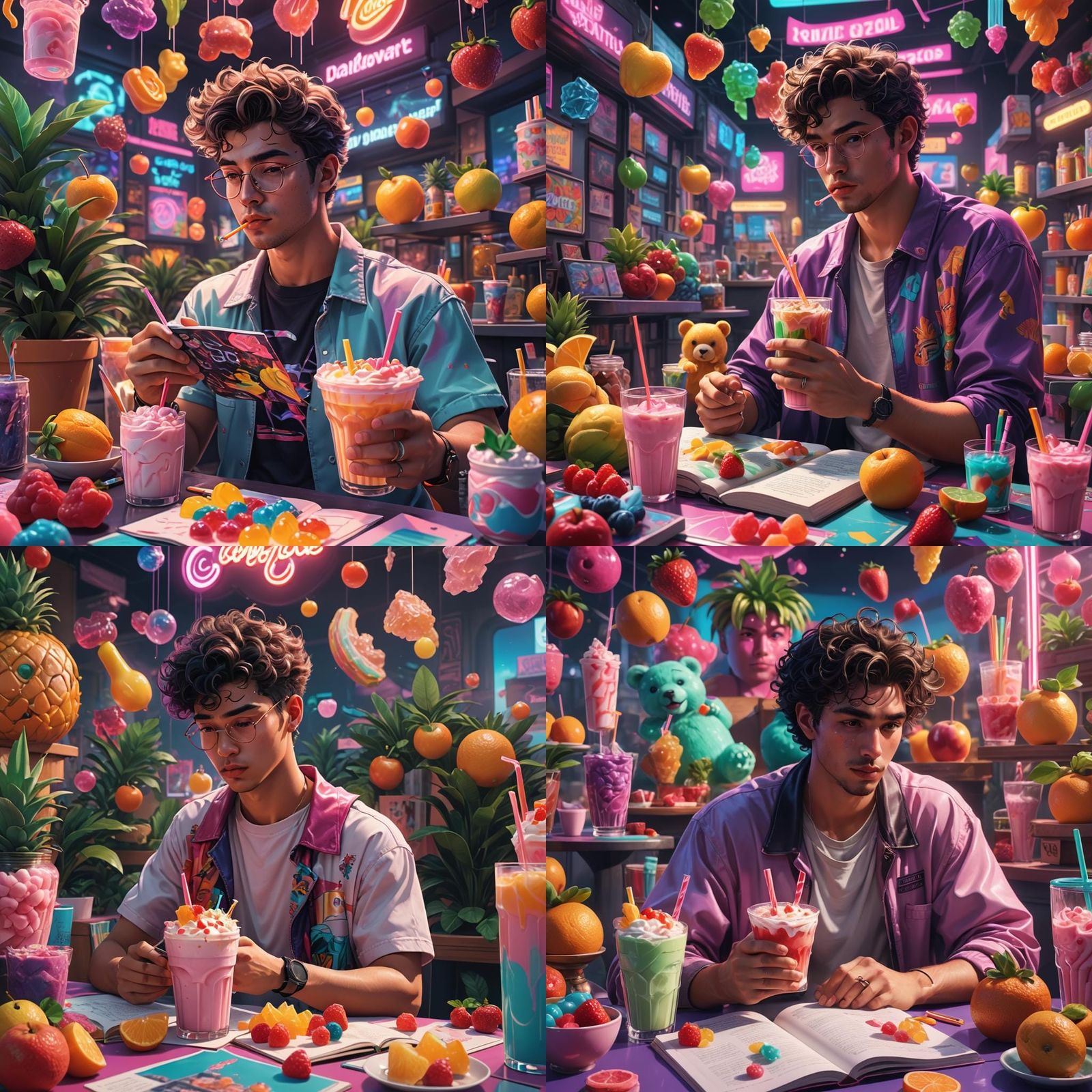 Vaporwave Young Man Reading Journal with Milkshake