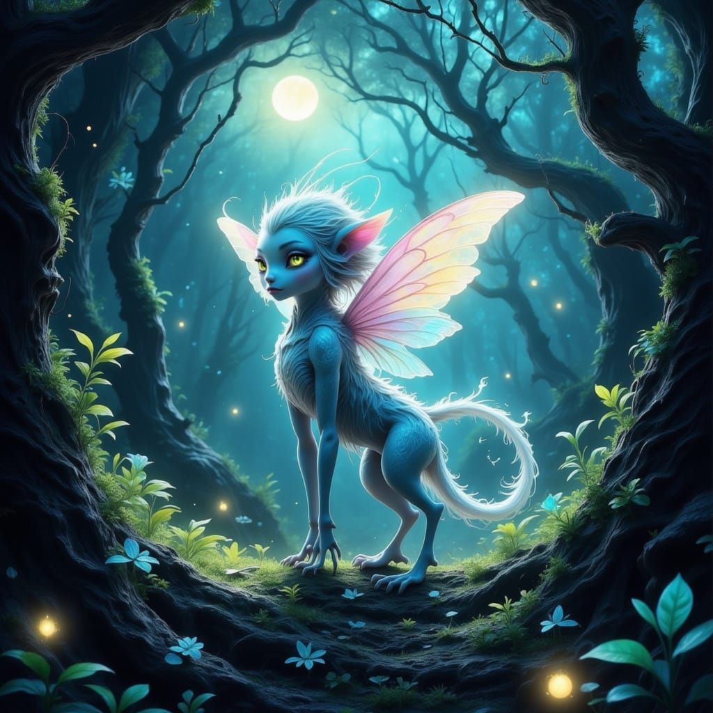 Enchanted Fae Creature Amidst Whimsical Forest Landscape