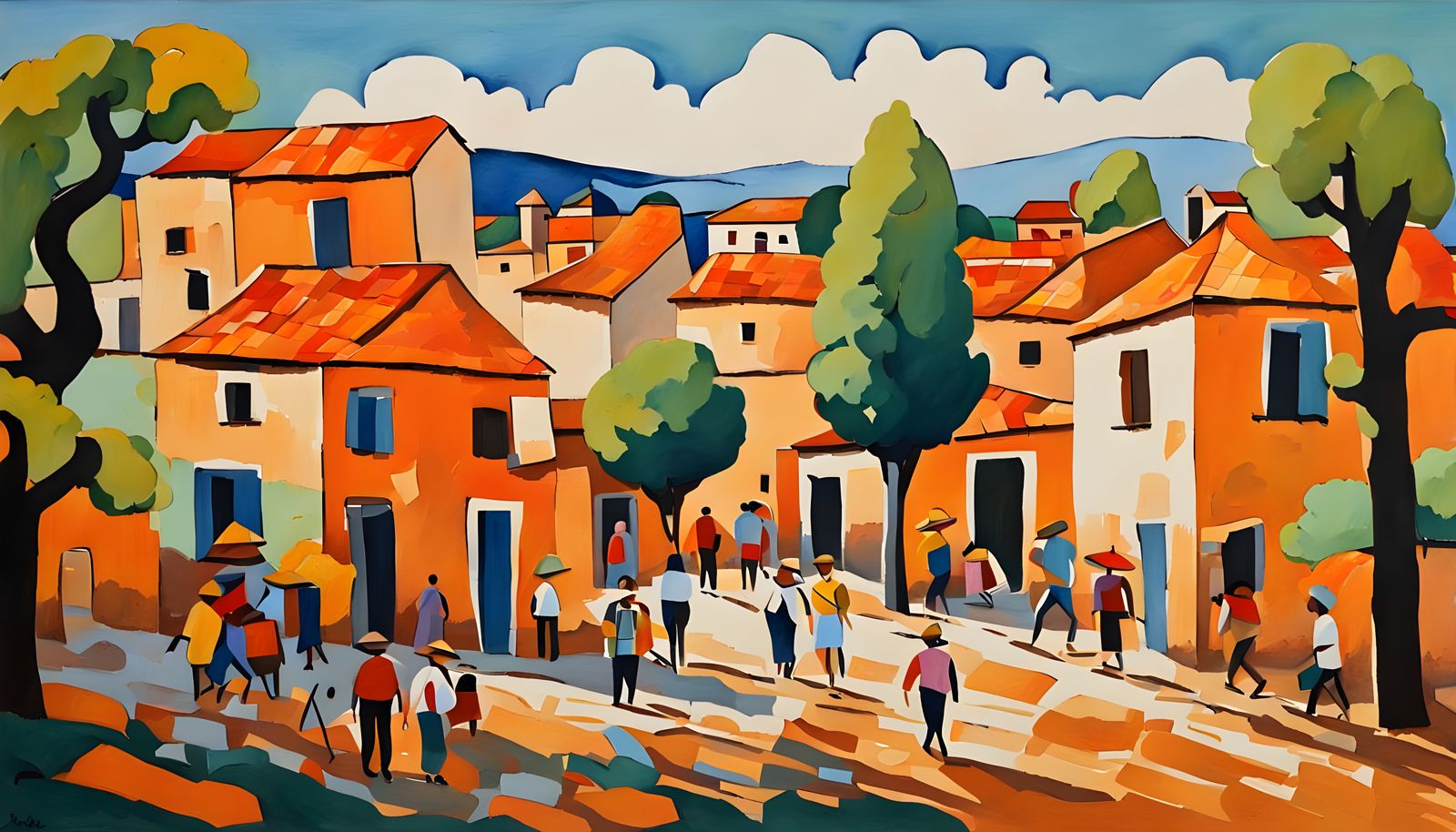 Warm Village Scene in Vibrant Gouache