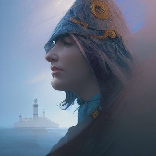 Blue Lighthouse Keeper Portrait in Hyperdetailed Concept Art