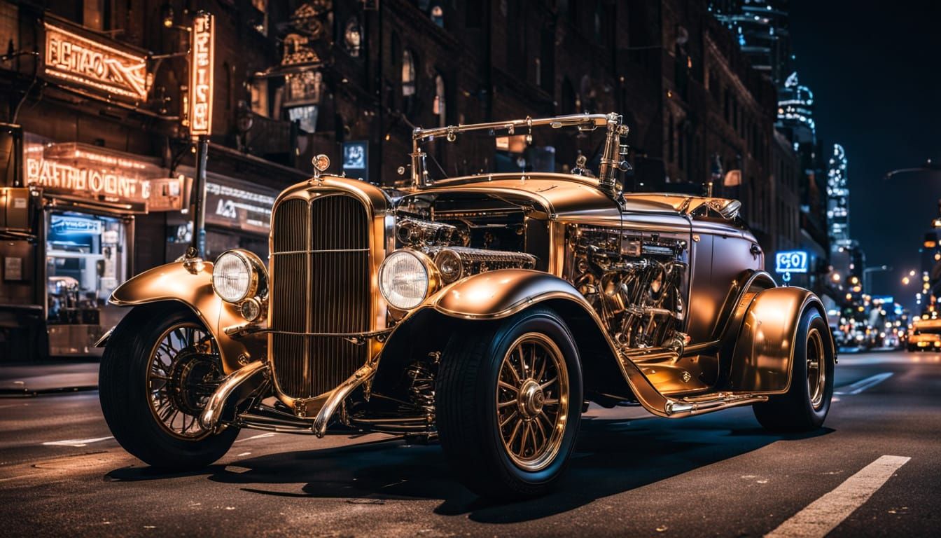 Steampunk Brass Hot Rod Convertible Under City Streetlights