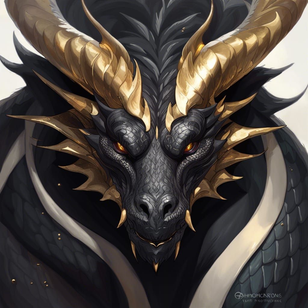 Black Dragon Portrait with Ivory Horns, Detailed Art