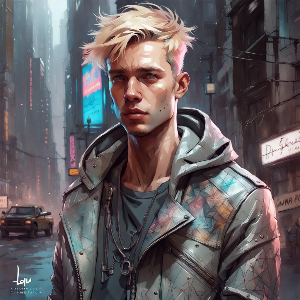 Cyberpunk Portrait of Blond Man in Grey Leather