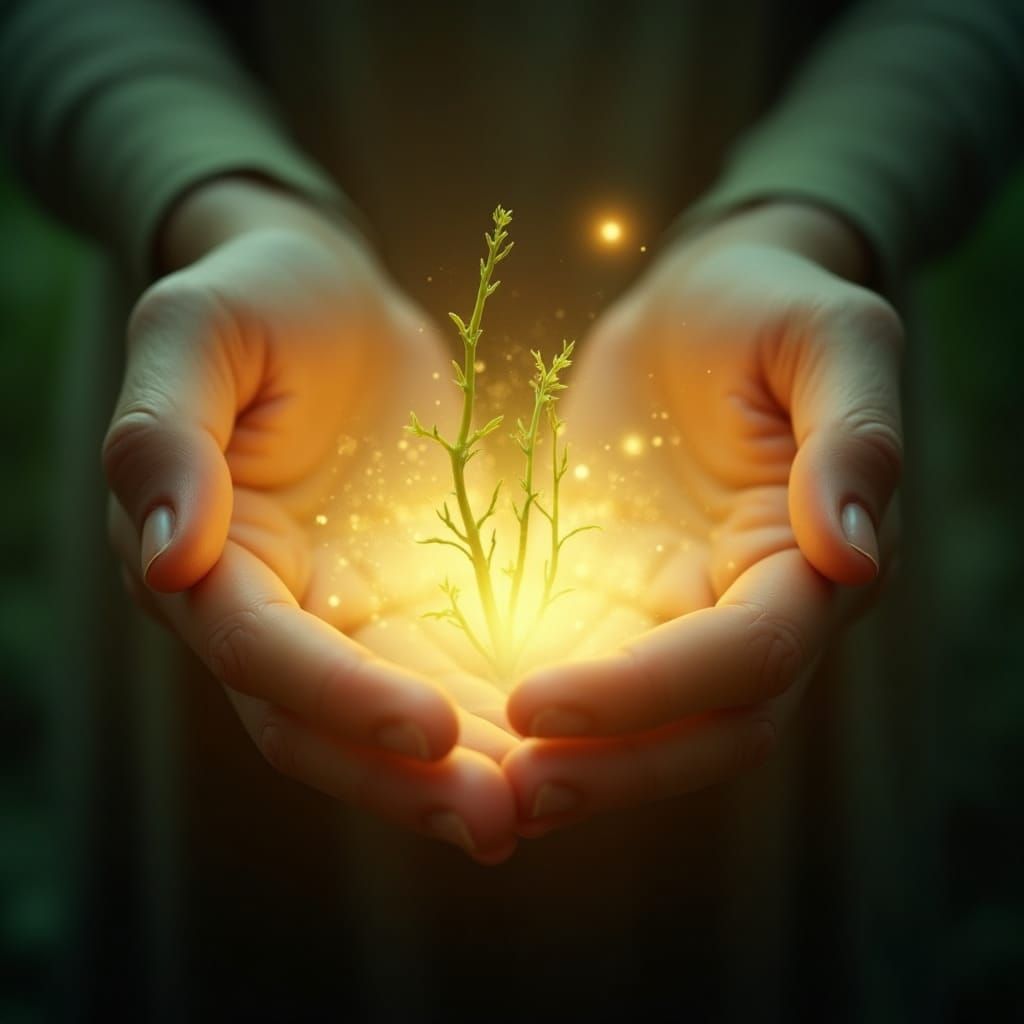 Hands Sprout Magical Growth with Glowing Light