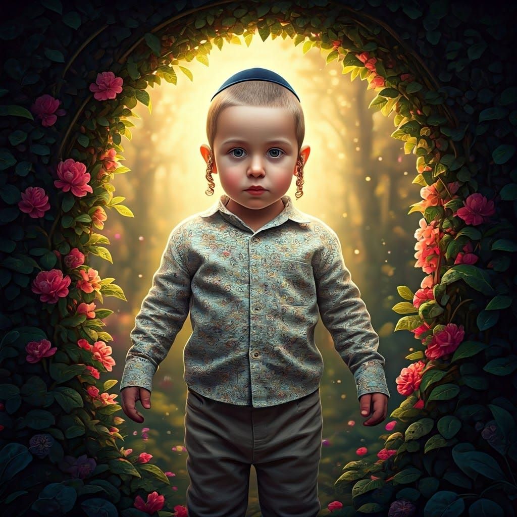 Mystical Hasidic Boy in an Enchanted Pre-Raphaelite Garden