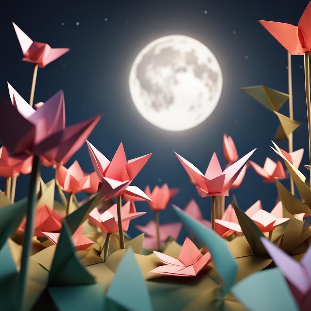 Origami Garden in Moonlight: 3D Papercraft Rendering
