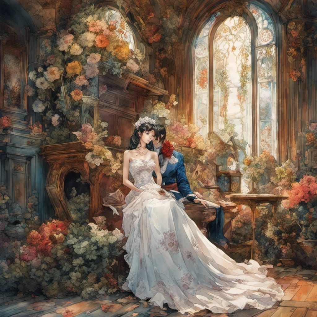 Bride and Skeleton in Watercolor Manhwa Style