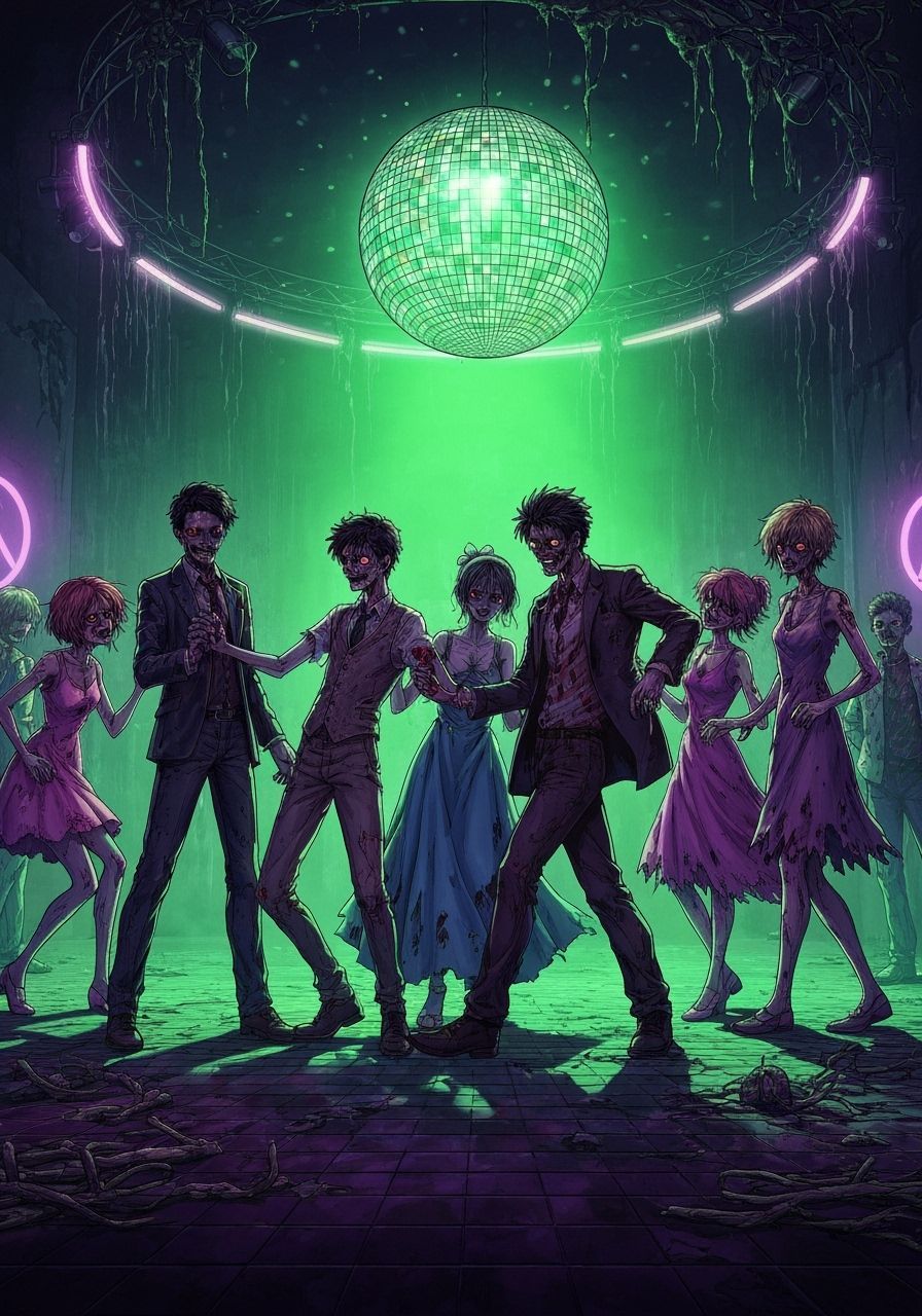 Zombie Prom Night Anime Illustration with Neon Lighting