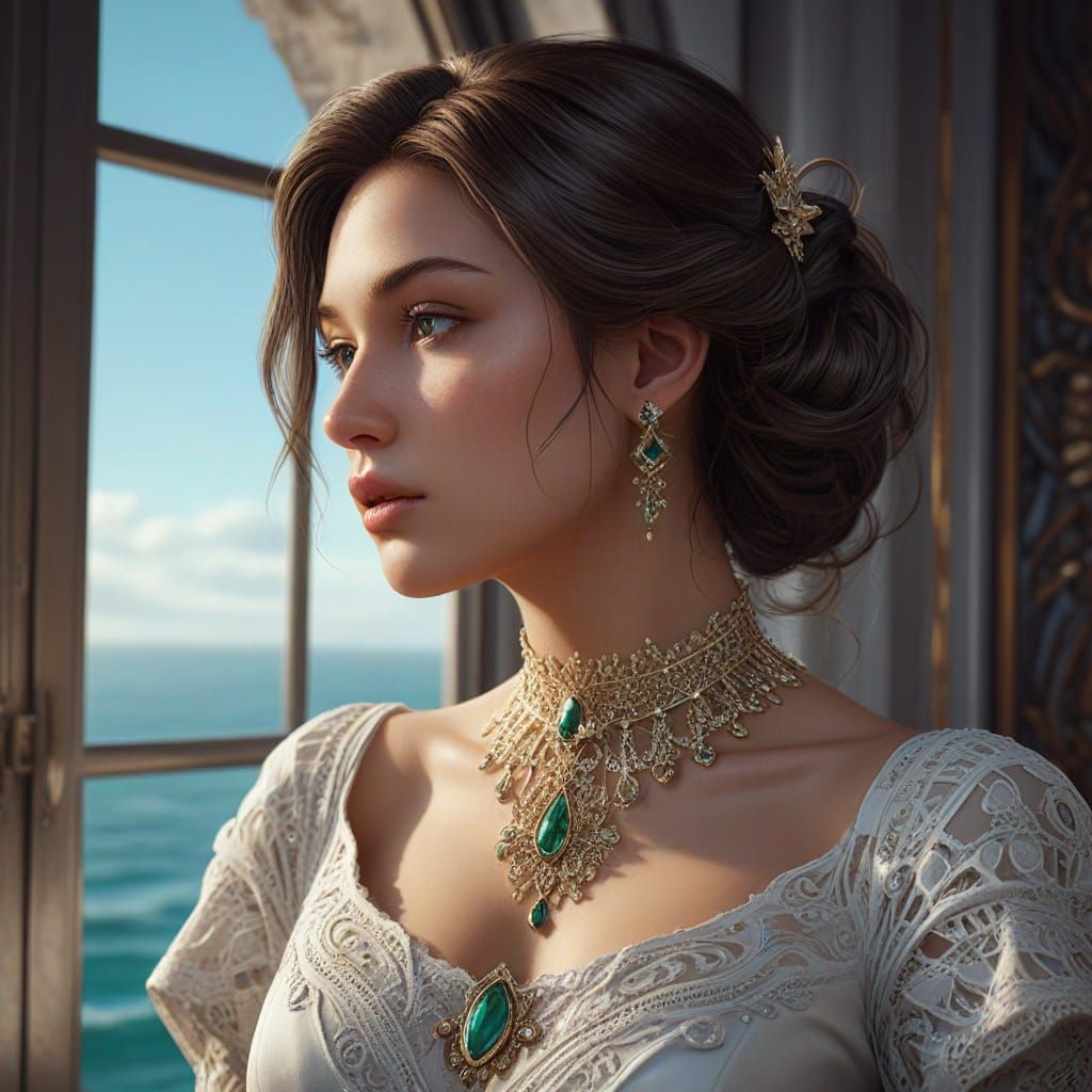 Victorian Woman in Ornate Dress with Flowing Hair