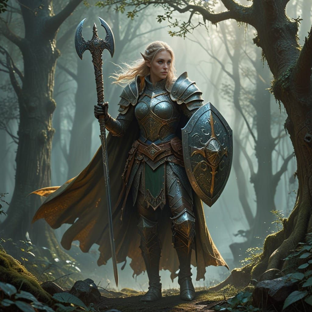 Elegant Elf Warrior Wields Poleaxe and Shield