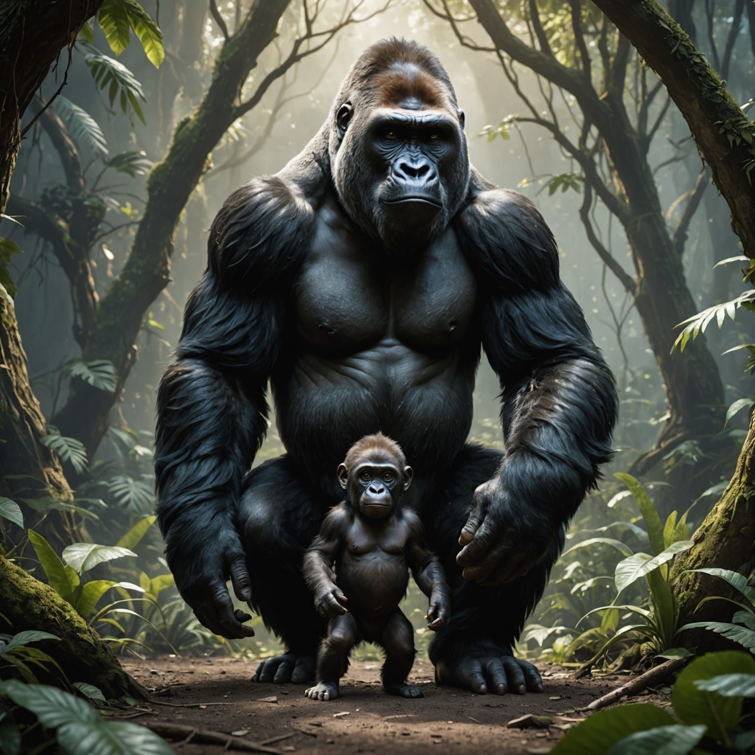 Mother Gorilla and Baby: Detailed Fantasy Art