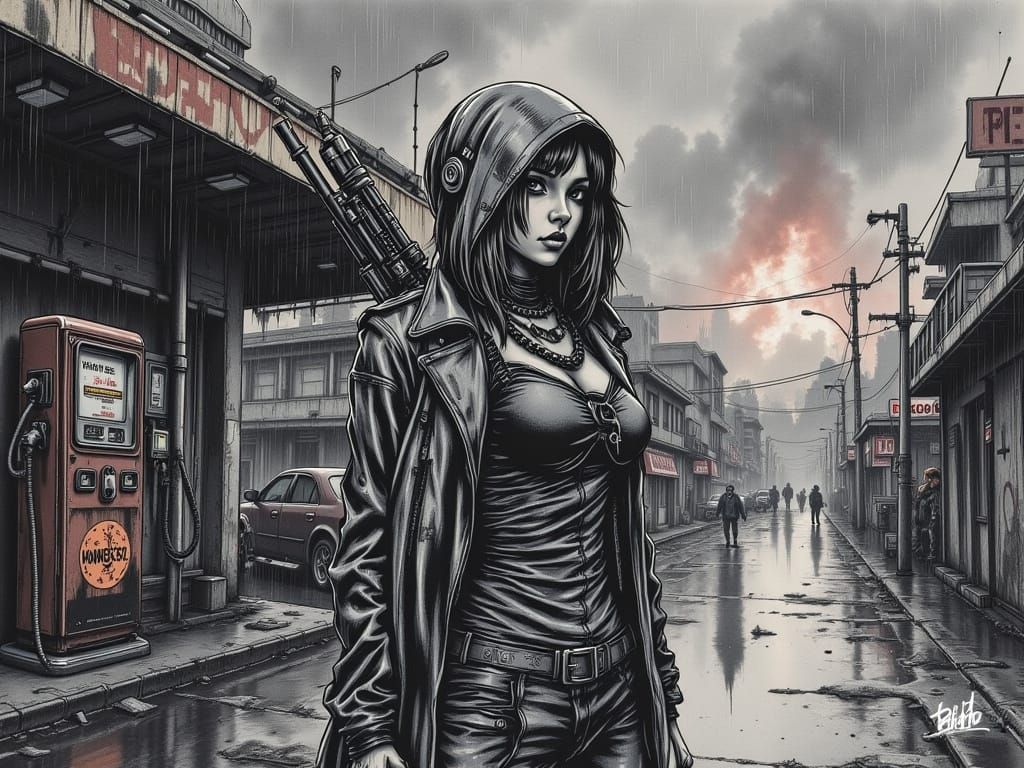 Cyberpunk Woman Walking in Burning City Alley