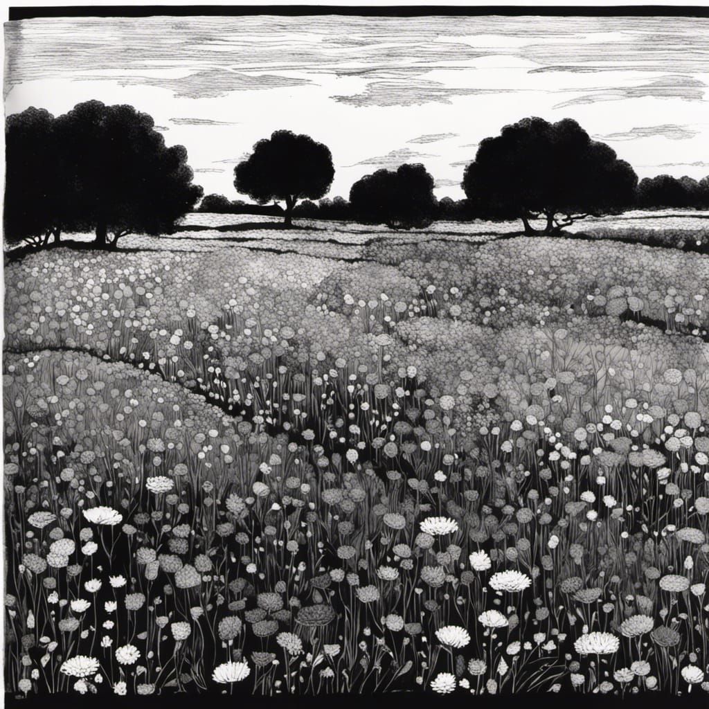 Black and White Flower Field in Pen and Ink