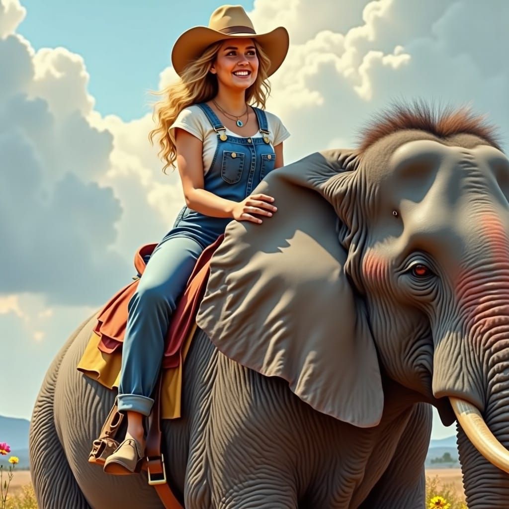 Woman Rides Elephant in Mystical Landscape