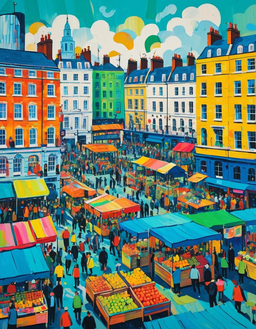Colourful London Market in Fauvist Art Style