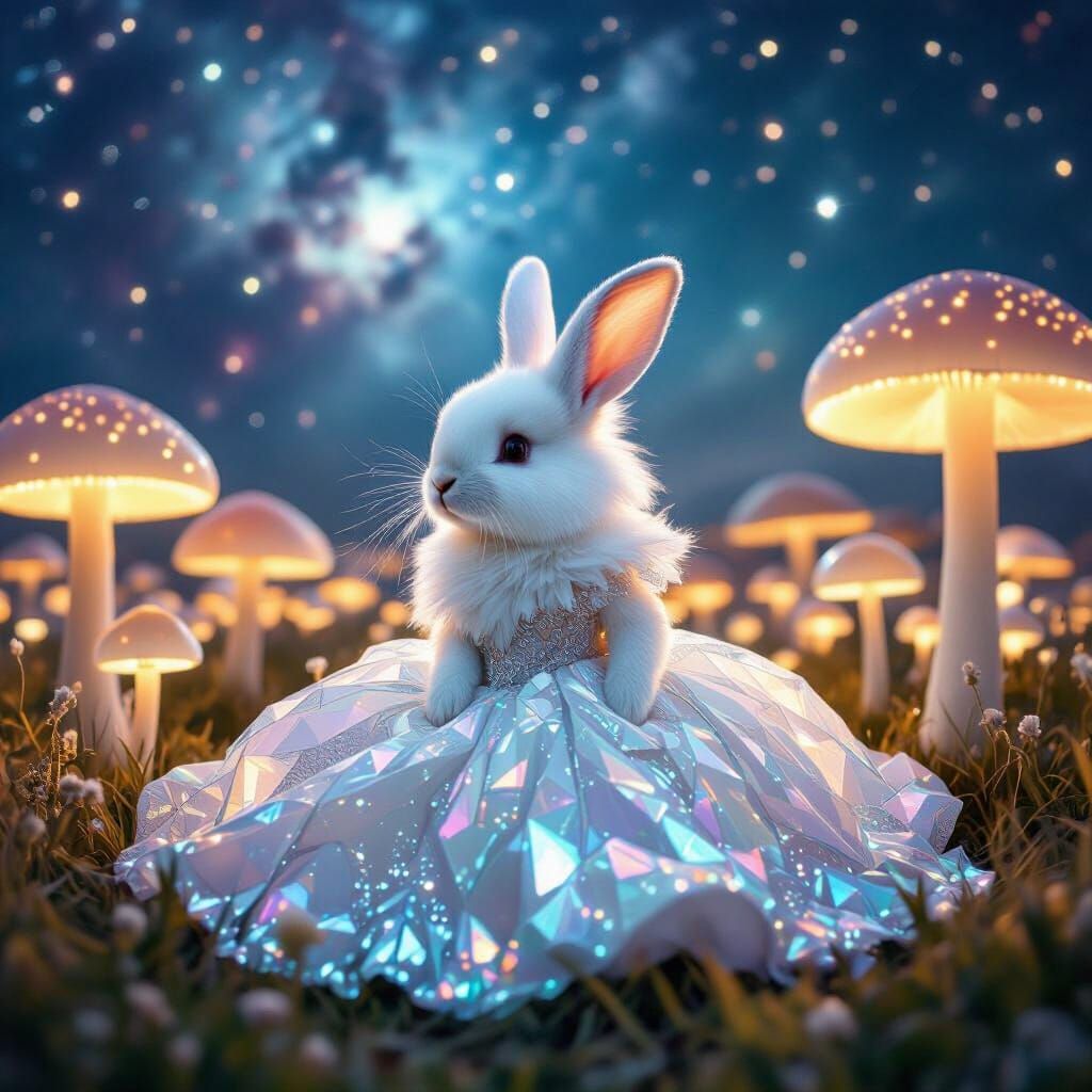 Rabbit in Crystalline Gown Amidst Glowing Mushrooms