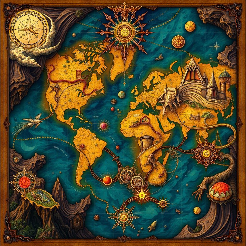 Mystical Cartographer's Masterpiece in Vibrant Dreamlike Col...