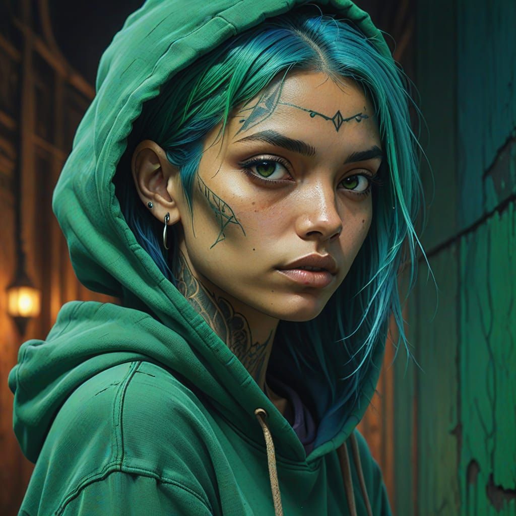 Tattooed Woman in Gothic Setting: Hyper-Realistic Illustrati...