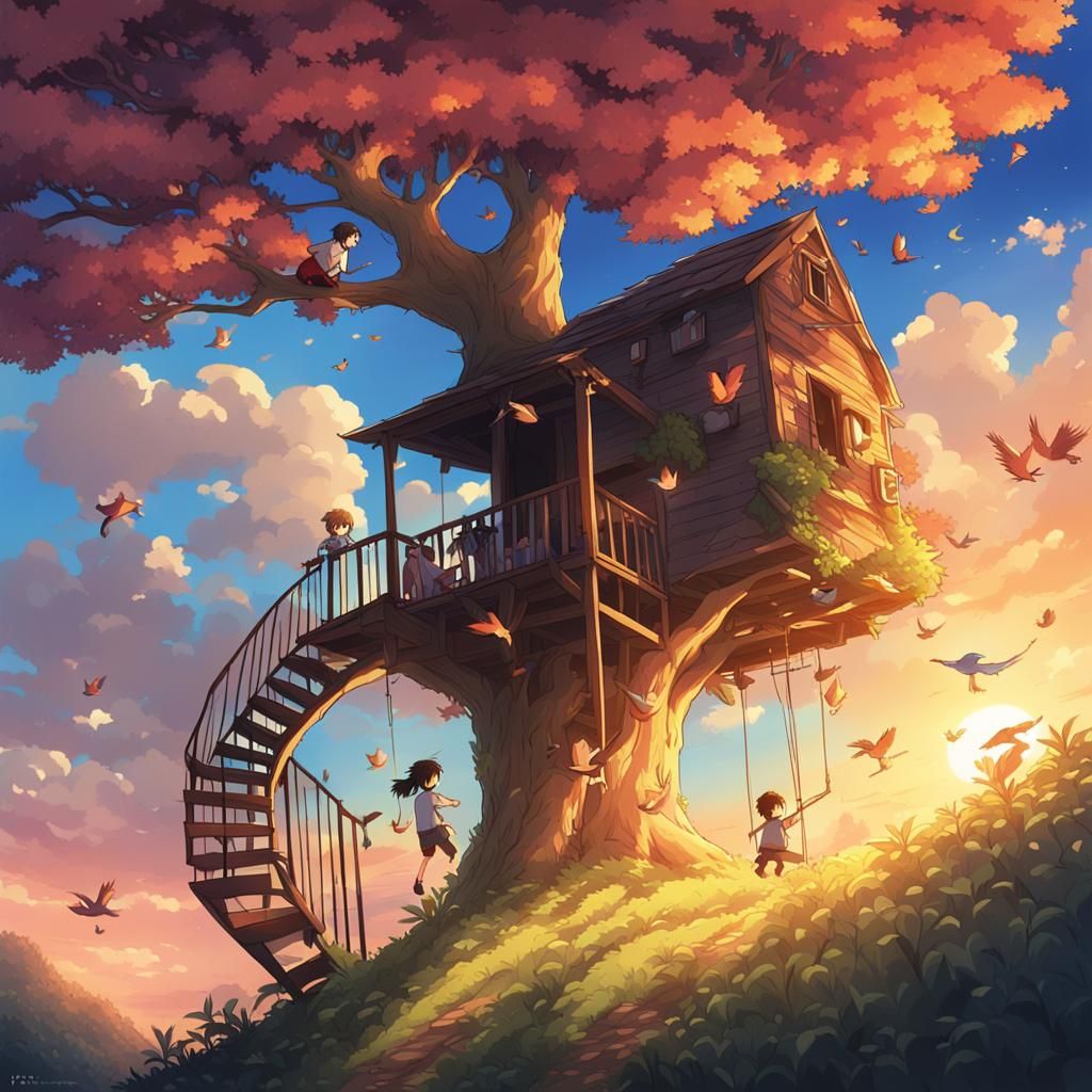 Friends Climbing to Treehouse in Anime Style