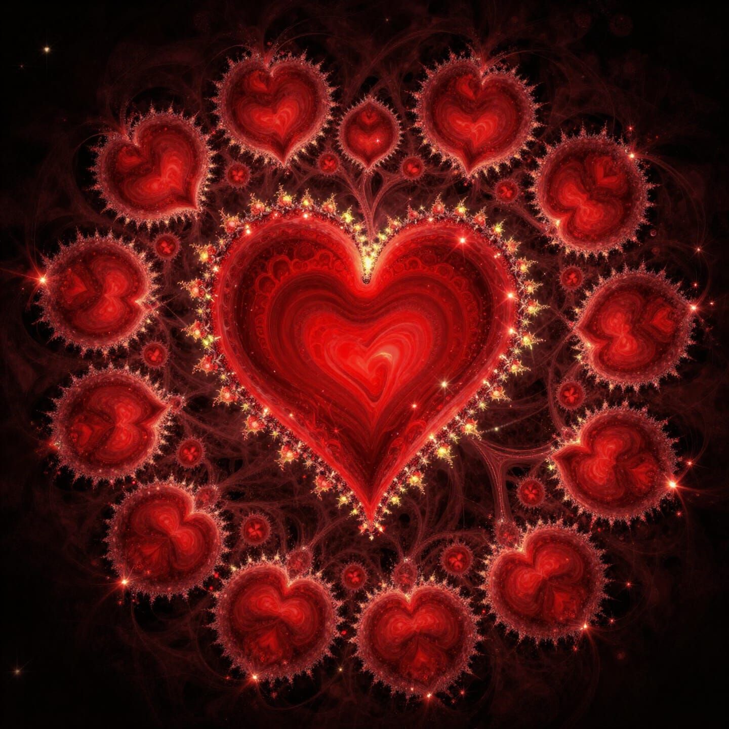 Majestic Fractal Heartscape with Red and Gold Sparks