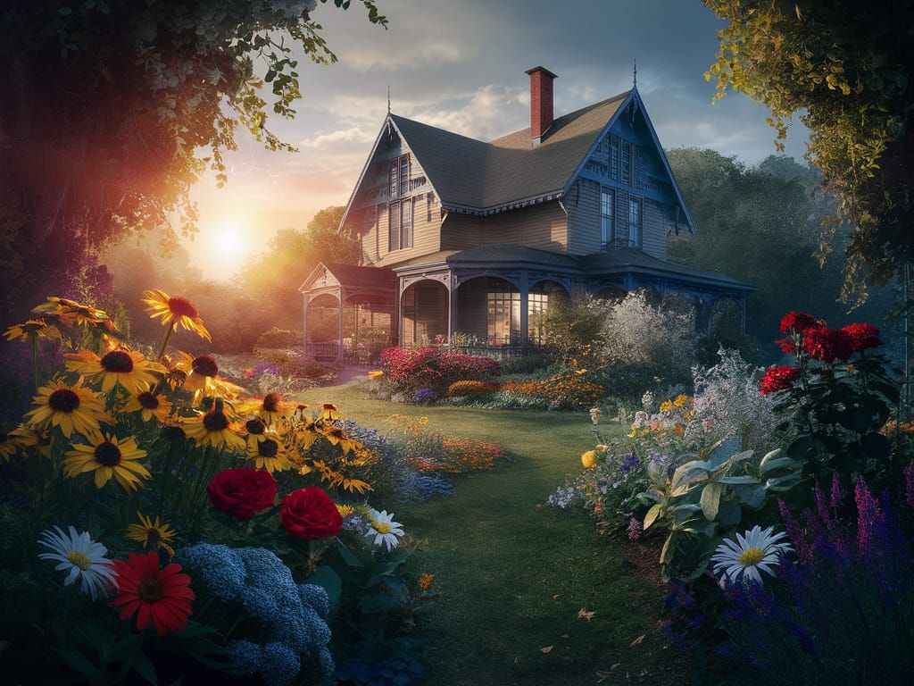 Victorian Farmhouse in Lush Garden at Sunset