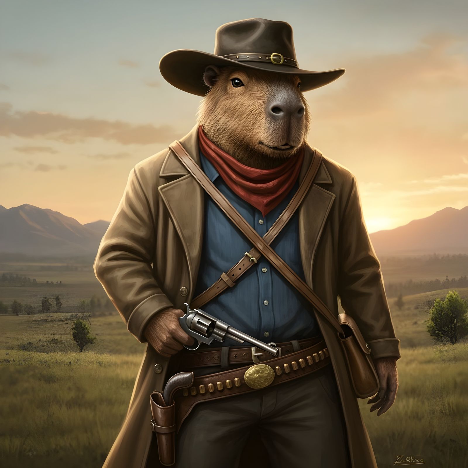 Capybara Cowboy in Wild West Sunset