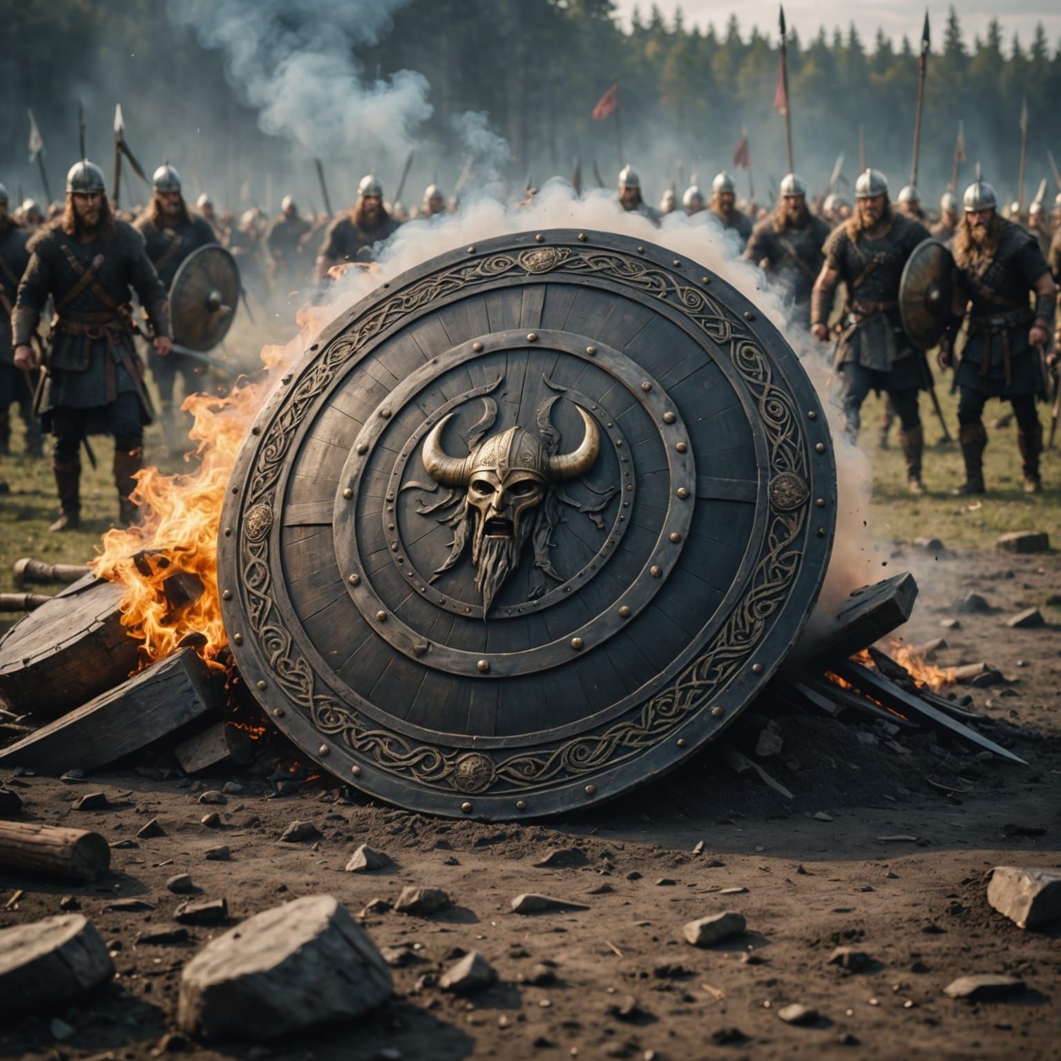 Viking Shield Emerges from Battle Ruins in Smoldering Landsc...