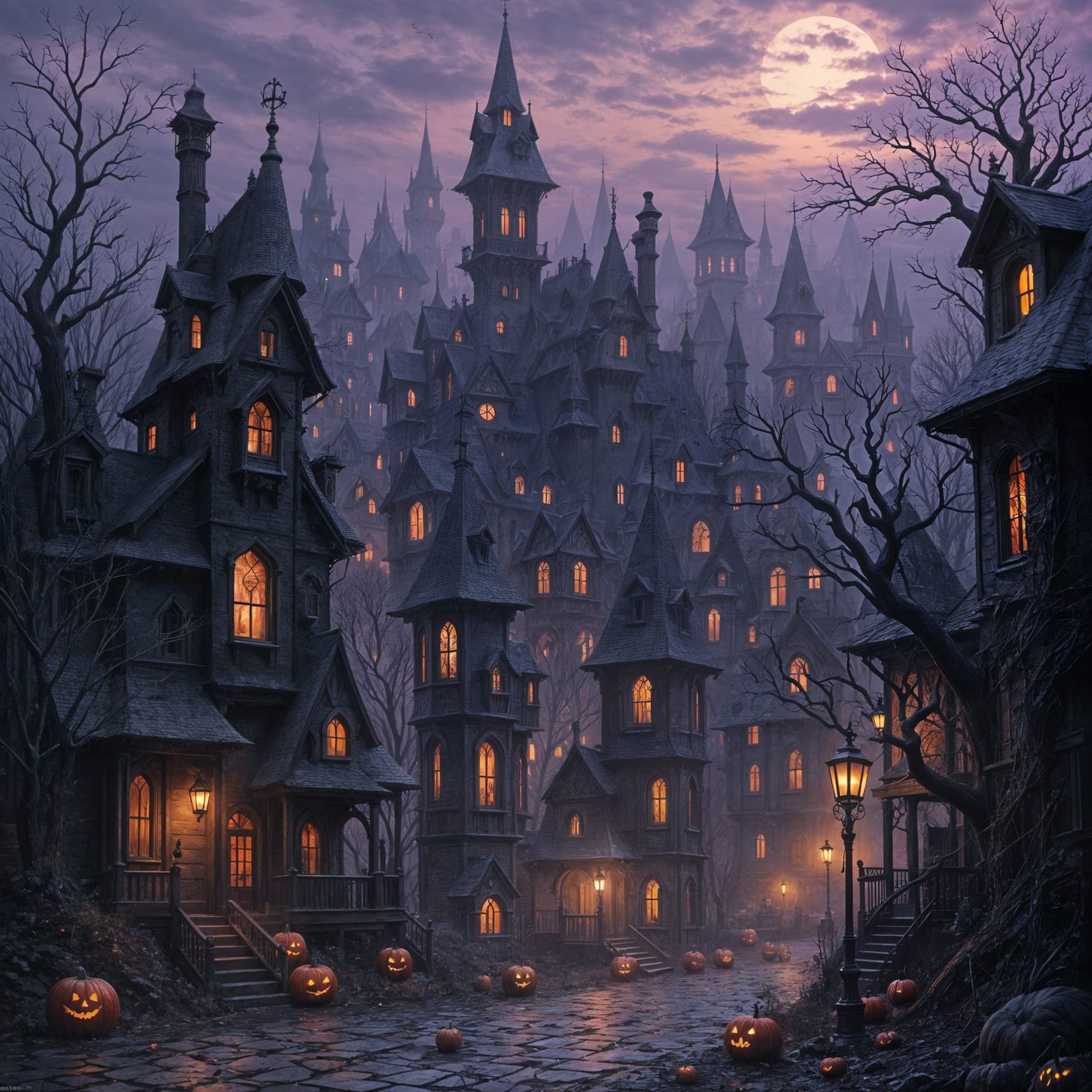 Spooky Haunted Cityscape at Twilight in Dark Fantasy Style