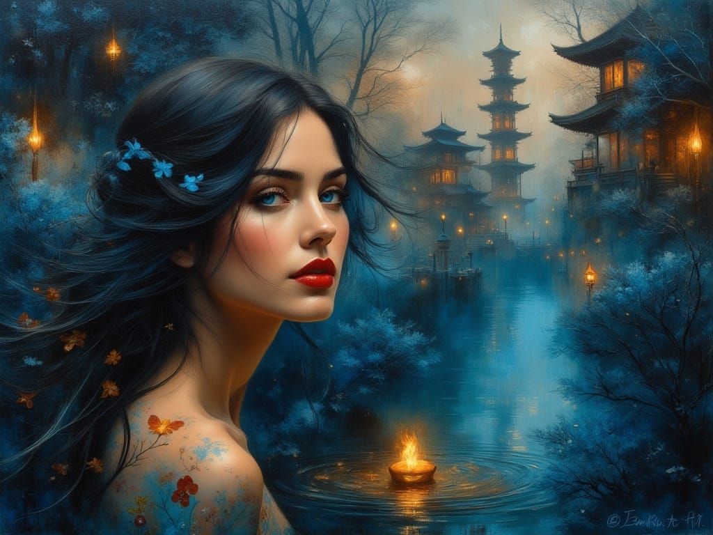 Enigmatic Lady with Glowing Eyes and Pagodas