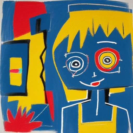 Naive Art: Girl in Yellow Dress Approaching Blue House