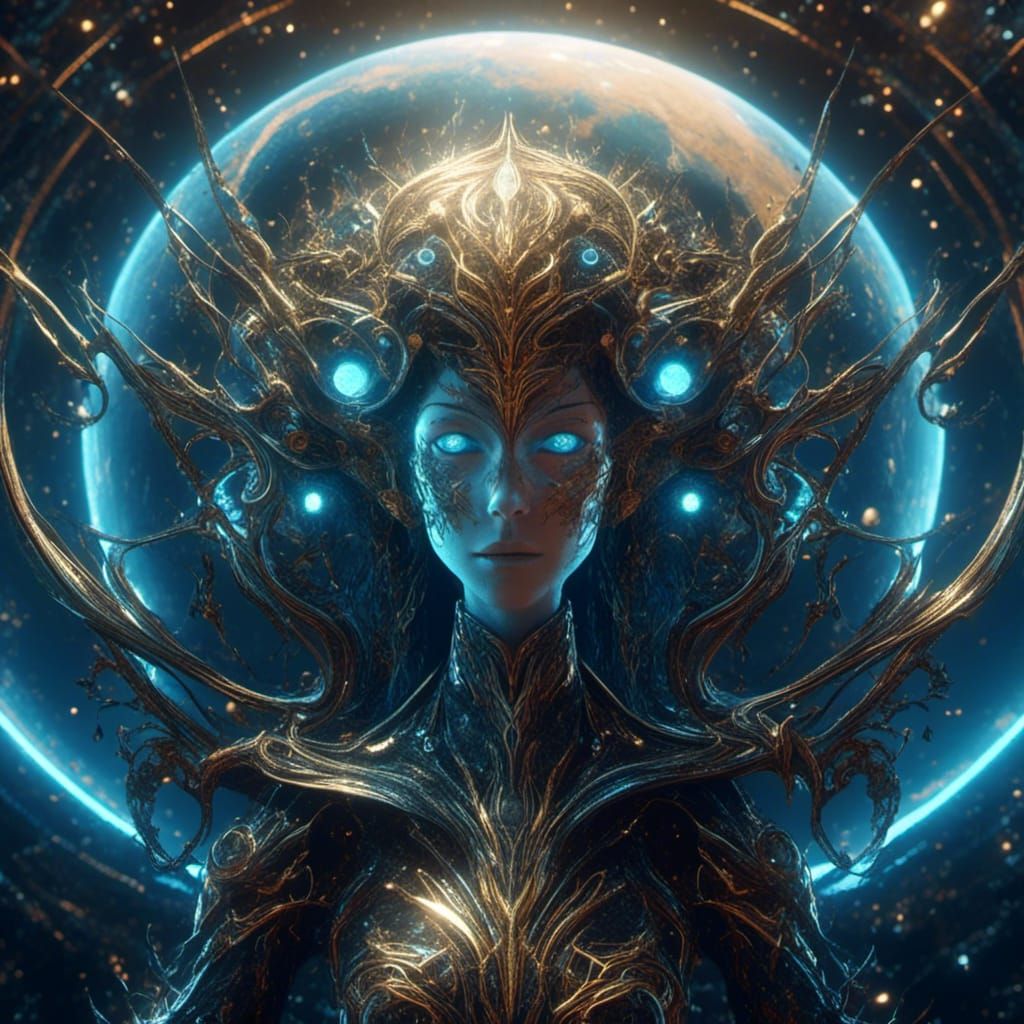 Hyperrealistic Spaceship Orbiting Blue Planet in Dark Scene