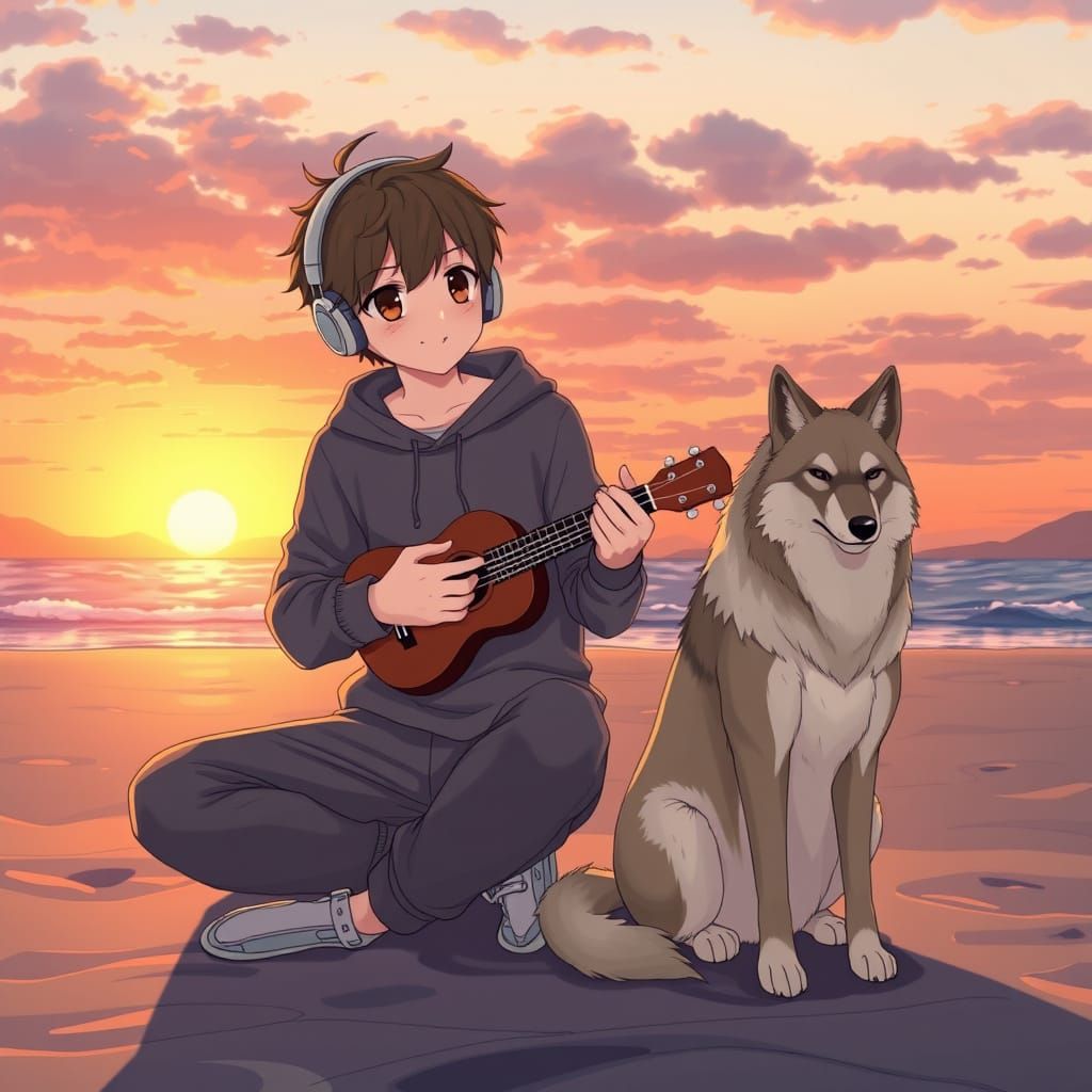 Anime Boy Serenades Sunset Beach with Ukulele