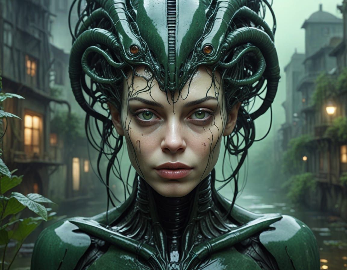 Alien Woman in Overgrown Cityscape, Egon Schiele Style