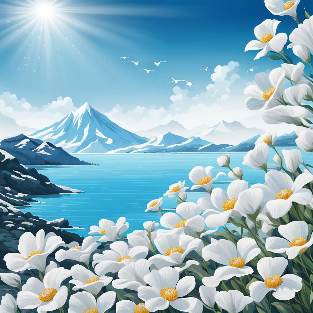 White Flower Blooms in Azure Sea