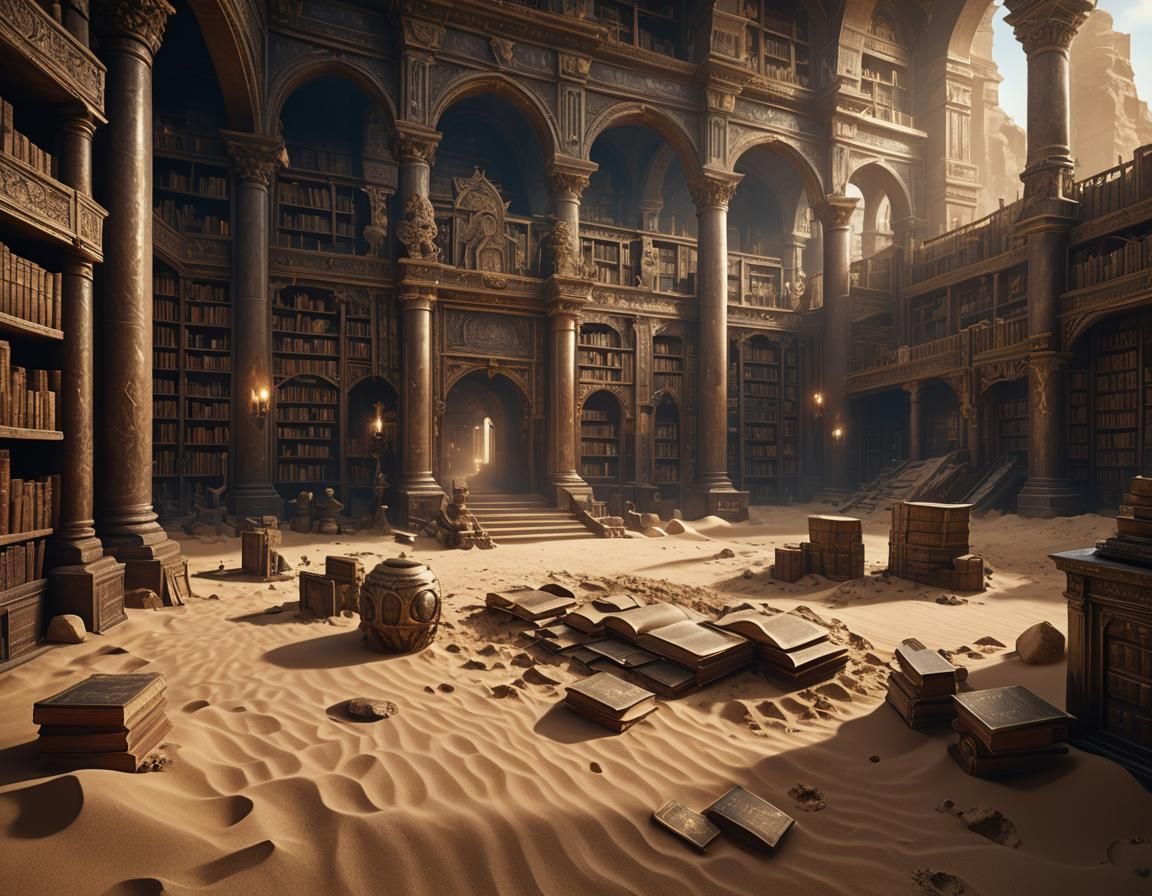An ancient library slowly being covered by the sands of time.