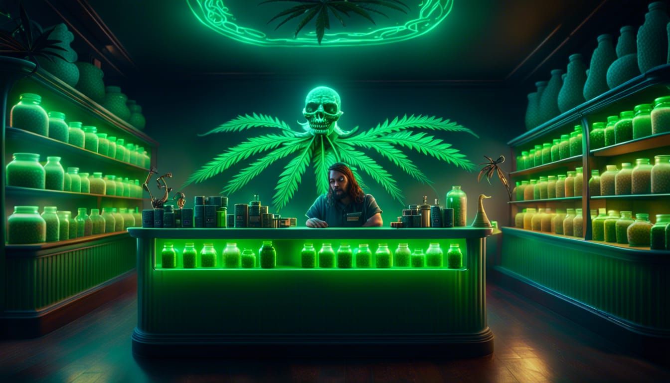 Detailed Haunted Marijuana Dispensary Digital Painting